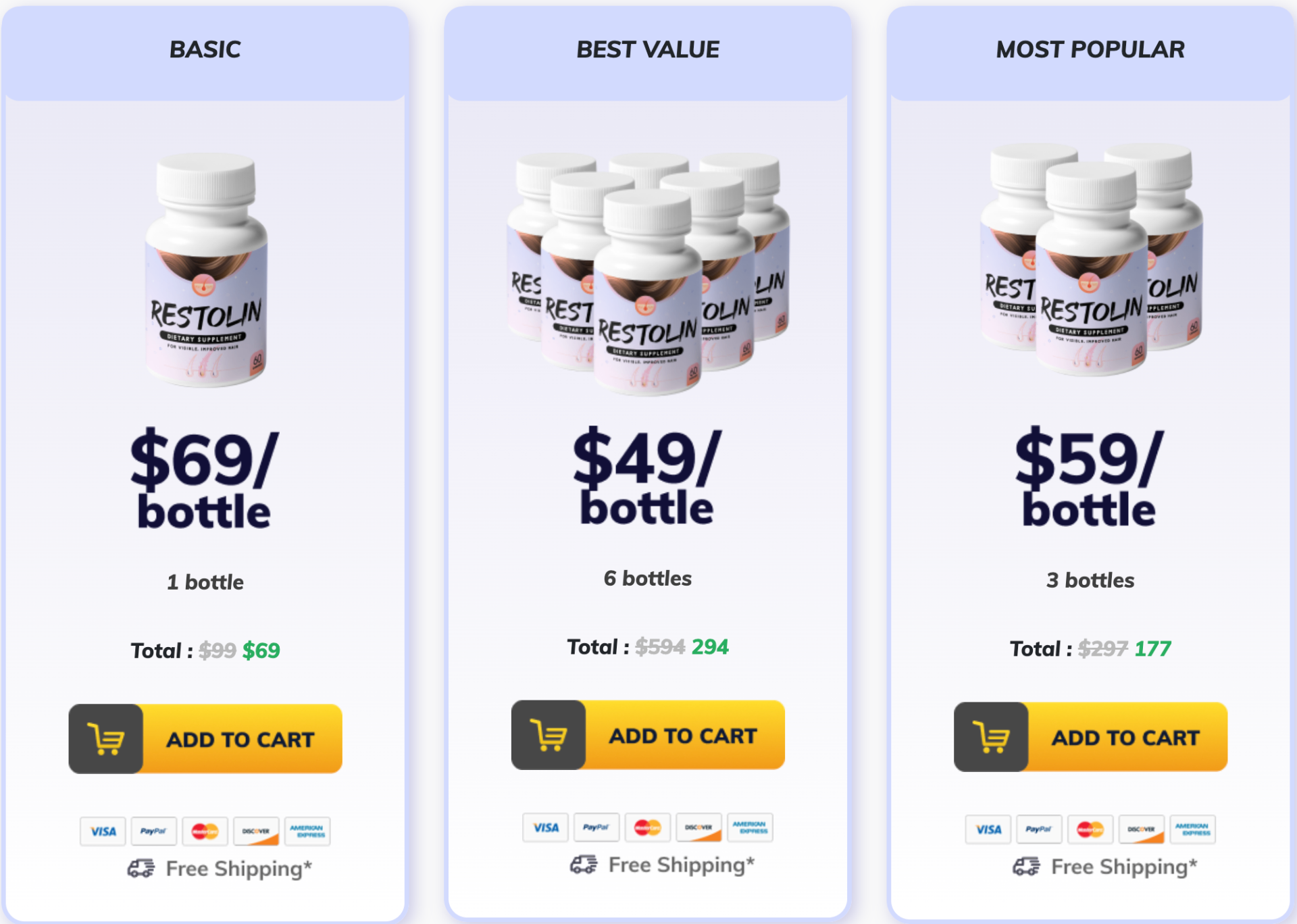 Restolin pricing — 1 bottle $69, 3 bottles $59 each, 6 bottles $49 each